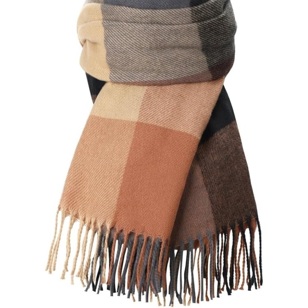 Women's Brown Grey Winter Cashmere Feel Plaid Scarf Pashmina Shawls And Wraps